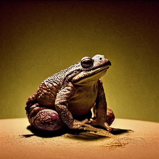 Prompt: toad philosopher in the pose of a thinker, swamp, hyperrealism, symmetric, by Irving Penn, bokeh top cinematic lighting , cinematic mood, very detailed, shot in canon