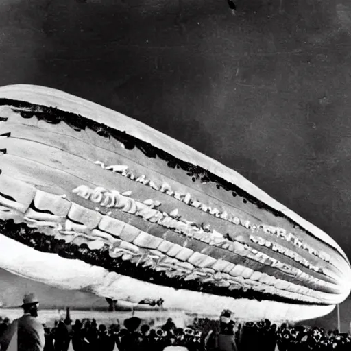 Image similar to footage of the Hindenburg, Hindenburg made of watermelon. Black and white photography