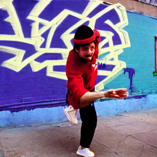 Image similar to 1990s candid photography of ugly dork wearing a fez hat breakdancing in public, cinematic, film grain, ultraviolet graffiti on walls
