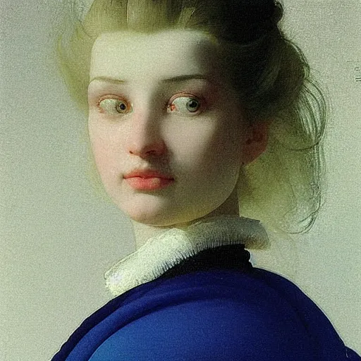 Image similar to young woman's face, her hair is white and she wears a cobalt blue duchesse satin cloak, by ivan aivazovsky syd mead moebius roger dean aelbert cuyp willem claesz pieter claesz paul delaroche alma tadema, hyperrealistic, volumetric light, octane