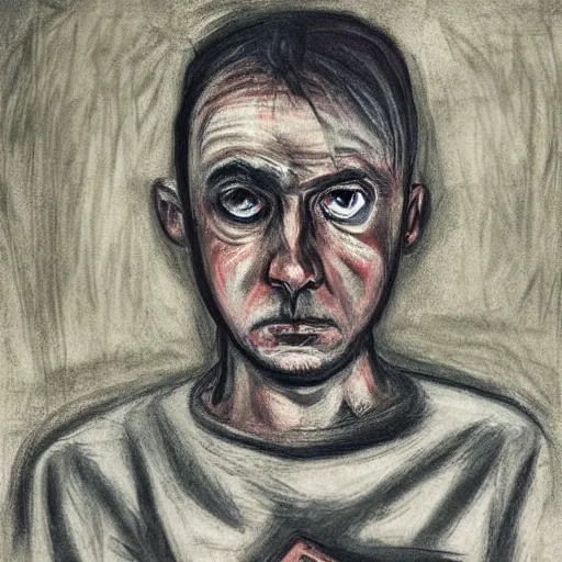 Image similar to sad prisoner holding ipad, prison cell, frustrated expression, dark mood, hopelessness, gloomy, in the style of edward munch