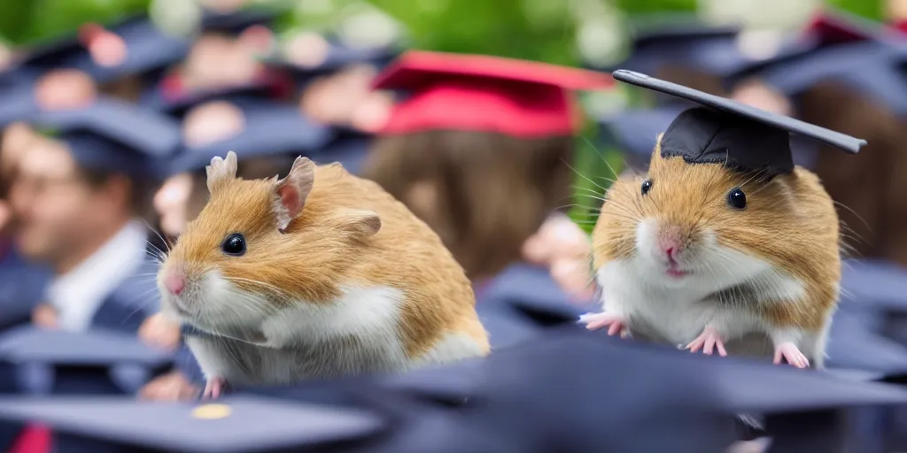 Prompt: A professional photograph of a hamster in a graduate hat doing a speech from a speech tribune , shatterstock, university, cinematic, 8K, award-winning photo, highest quality, perfect moment