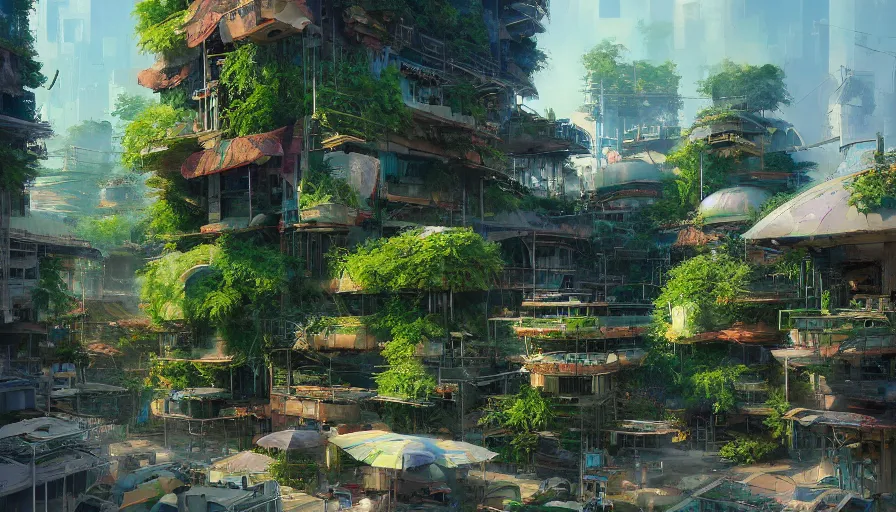 Image similar to craig mullins and ghibli digital illustration tall vertical farms, hydroponics, solarpunk, colorful, unreal engine, hyper realism, realistic shading, cinematic composition, realistic render, octane render, detailed textures, photorealistic, wide shot