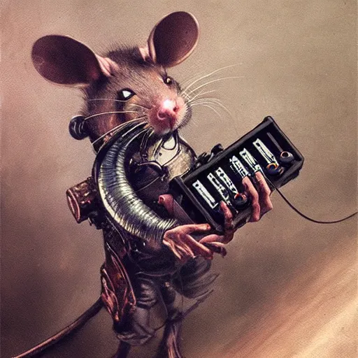 Image similar to a rat cyborg playing with a tb-303 synthesizer, by ruan jia