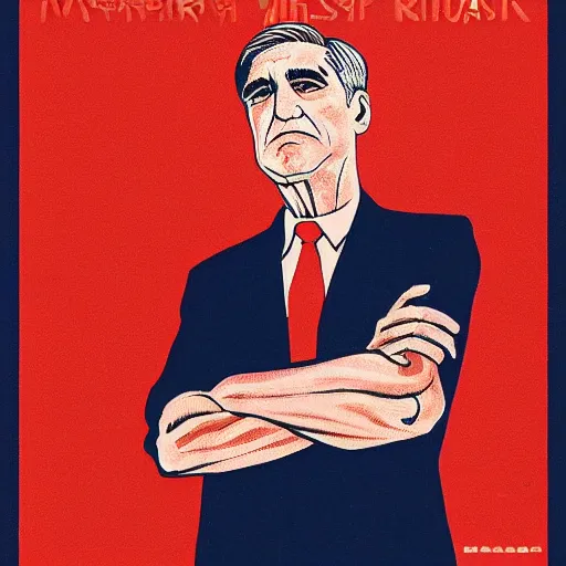 Image similar to minimalist soviet propaganda of robert mueller!!! standing with folded arms, polish movie poster