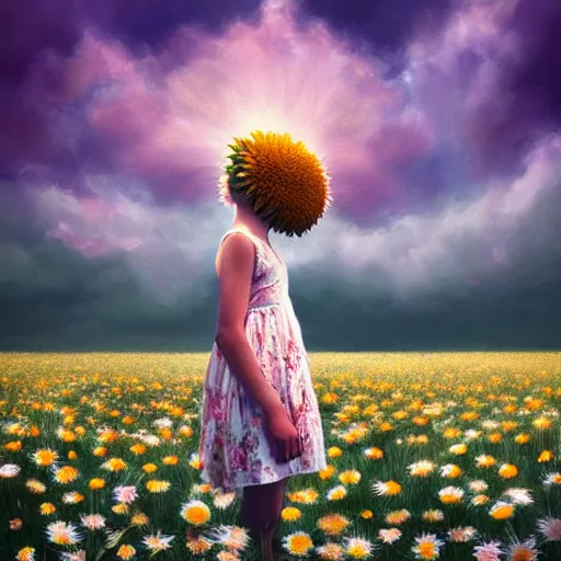 Image similar to head made of giant daisies, girl standing barefoot in a vast flower field, arms outstretched, surreal photography, sunrise dramatic light, impressionist painting, colorful clouds, large sky, digital painting, artstation, simon stalenhag, flower face