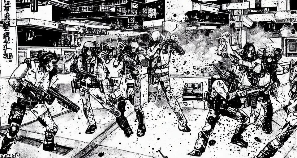 Prompt: 1987 Video Game screenshot for Akira style Anime Neo-tokyo Cyborg bank robbers vs police, Set inside of the Bank, Open Bank Vault, Multiplayer set-piece Ambush, Tactical Squads :10, Police officers under heavy fire, Destructible Enviorments, Gunshots, Bullet Holes and Anime Blood Splatter, :10 Gas Grenades, Riot Shields, MP5, AK45, MP7, P90, Chaos, Anime Machine Gun Fire, Gunplay, Shootout, :14 FLCL + LA Machineguns, Cel Shaded:15, Created by Katsuhiro Otomo + Studio Gainax: 20