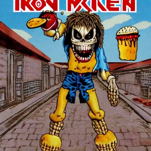 Prompt: eddie from iron maiden eating a hamburger