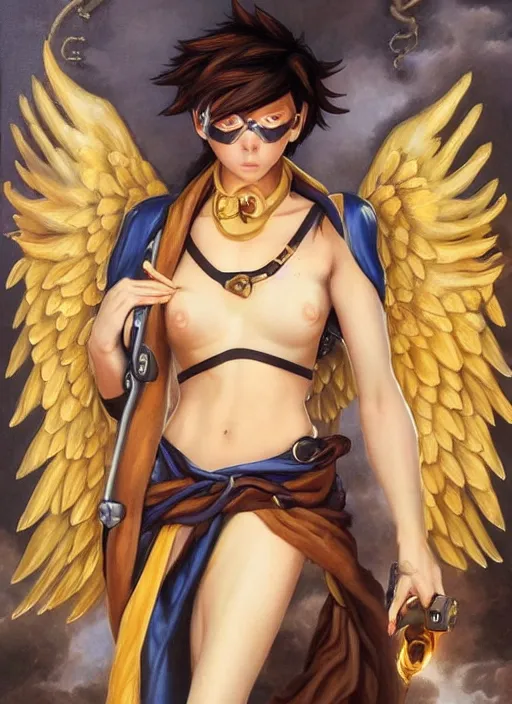 Prompt: full body oil painting of tracer overwatch in the style of evelyn de morgan, angel wings, dramatic painting, symmetrical composition, wearing gold detailed choker, golden chains, detailed face and eyes,