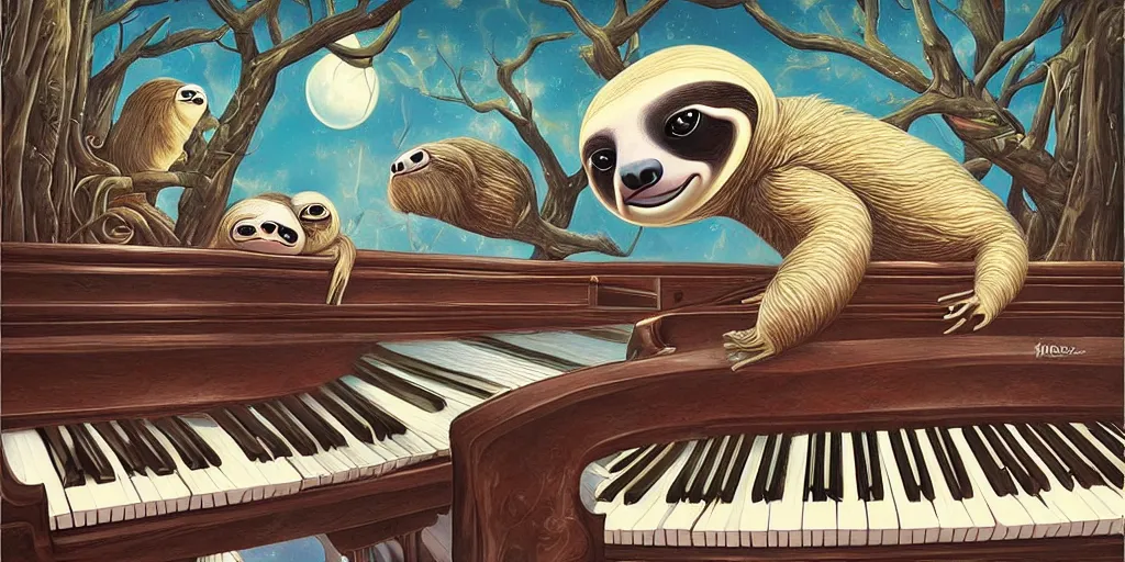 Prompt: sloth playing on a piano, highly detailed surrealistic painting by Mark Ryden and Cyril Rolando