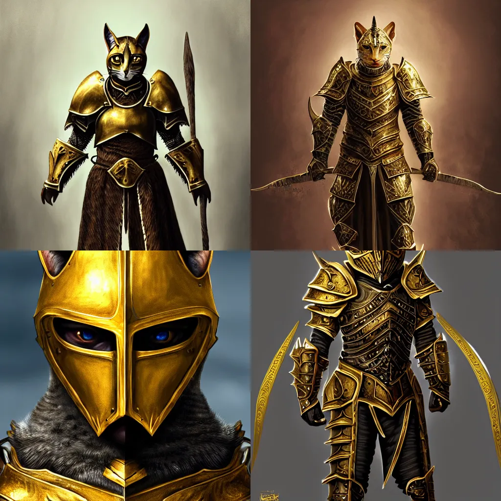 Prompt: a painting of a noble khajiit knight paladin from skyrim, intricate fractal armor, golden armor, concept art, high detail, 8 k wallpaper, portrait, studio photography, trending on artstation