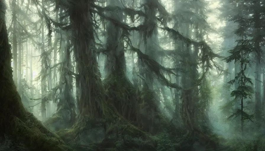 Prompt: beautiful ancient forest, matte painting, beautifully painted, beautiful lighting, enchanted forest, jeremy lipking, studio ghibli, princess mononoke