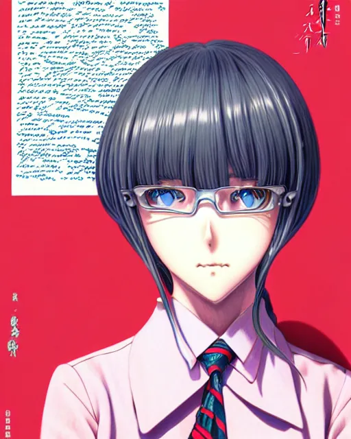 Image similar to richly detailed color  illustration of a young truant female loner prep highschool student surrounded by beautiful cursive writing, large format image. illustrated by Range Murata. 3D shadowing.