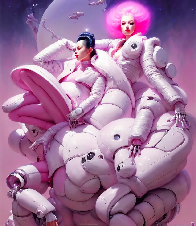 Image similar to beautiful fantasy character portrait, wearing pink puffy bomber jacket with white fur, seductive reclining pose, futuristic robots sitting, ultra realistic, dramatic lighting, robots, the fifth element artifacts, highly detailed by peter mohrbacher, hajime sorayama, wayne barlowe, boris vallejo, aaron horkey, gaston bussiere, craig mullins