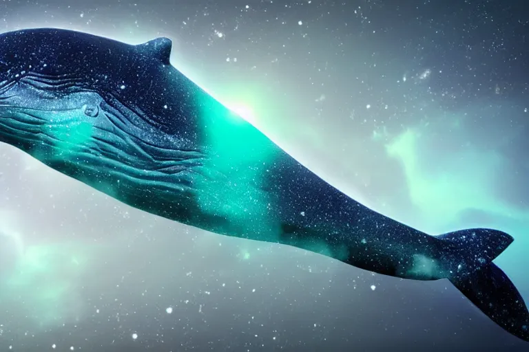 Image similar to a bioluminescent humpback whale swimming through a space nebula leaving stardust trails, digital art, photorealistic