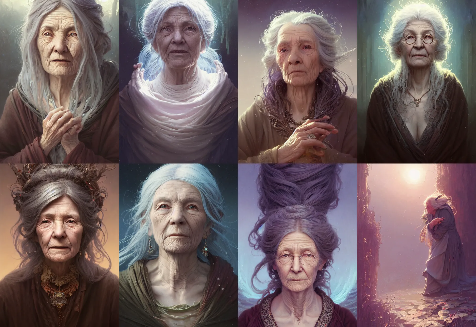 Image similar to highly detailed portrait of an old woman with long hairs, stephen bliss, unreal engine, fantasy art by greg rutkowski, loish, rhads, ferdinand knab, makoto shinkai and lois van baarle, ilya kuvshinov, rossdraws, tom bagshaw, alphonse mucha, global illumination, radiant light, detailed and intricate environment