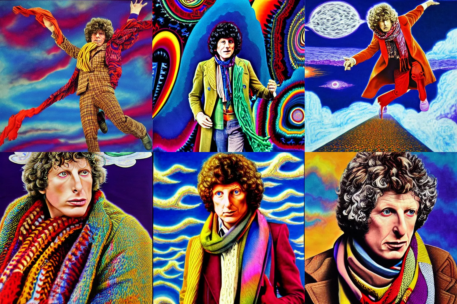 Prompt: tom baker using his scarf to fly, psychedelic, clouds, 4 k, intricate high details, sharp, 1 9 7 7