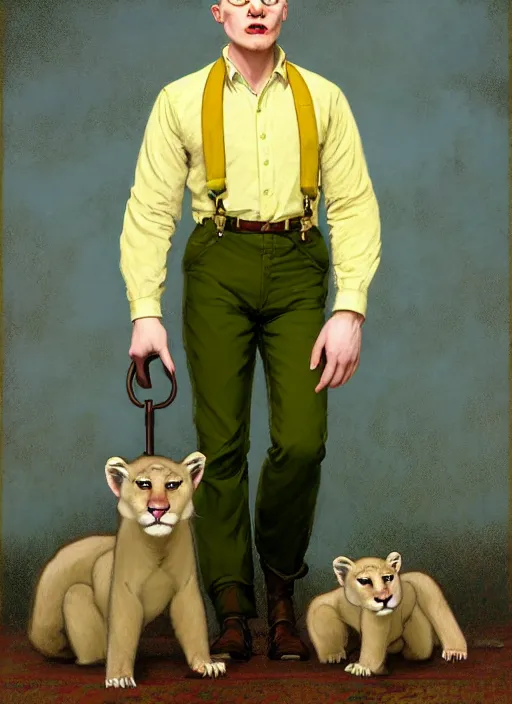 Prompt: beautiful full-body portrait commission of a [male furry!!! anthro!!! albino mountain lion fursona!!!] [wearing a yellow button-down shirt, olive green slacks] [in a Old-timey saloon]. Atmospheric. Renowned character illustration by greg rutkowski, thomas kindkade, alphonse mucha, loish, norman rockwell. detailed, inked, western comic book art