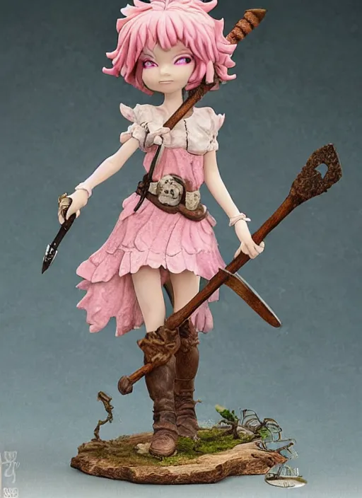 Image similar to a wholesome femo figurine of a cute funny axe fairy with freckles wearing a frilly floral axe dress featured on dark souls by studio ghibly and h r giger made of woodcutter's hatchet, pastels, wide angle, dynamic dancing pose, 🎀 🪓 🧚