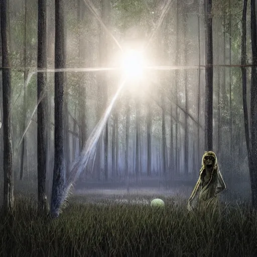 Image similar to a dirty lost person is following a floating blue softly glowing ball of light through the swampy forest, art by Alberto Rocha .