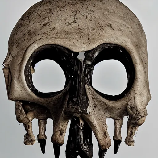 Prompt: symmetrical product photograph of a scary mask made from bone and obsidian, angry, cracked