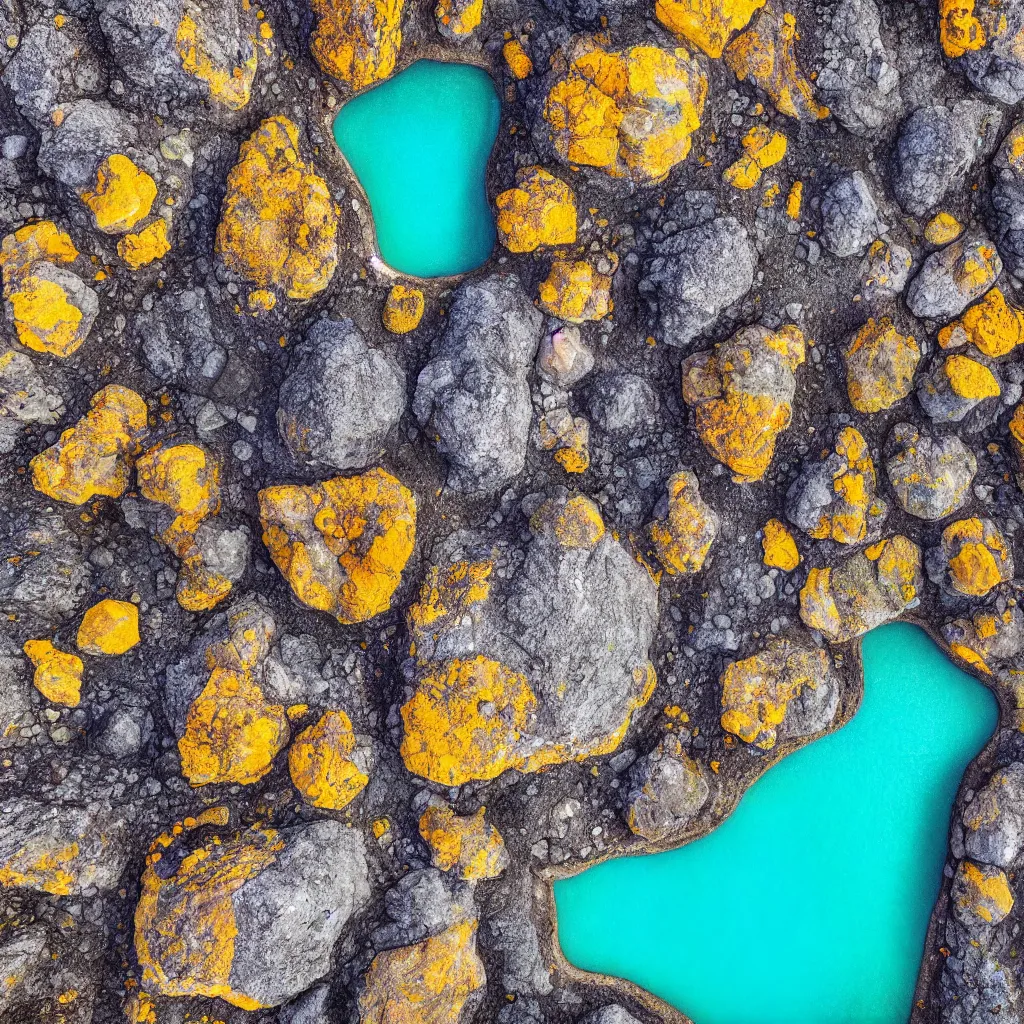 Image similar to golden boulders, black volcanic rock with colorful pools of bright milky paint, birds eye view