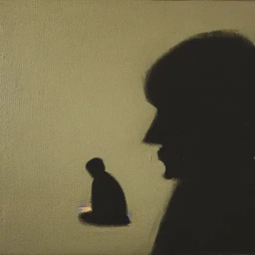 Prompt: a silhouette of two depressed people sitting in the corner of a dark room, oil on canvas