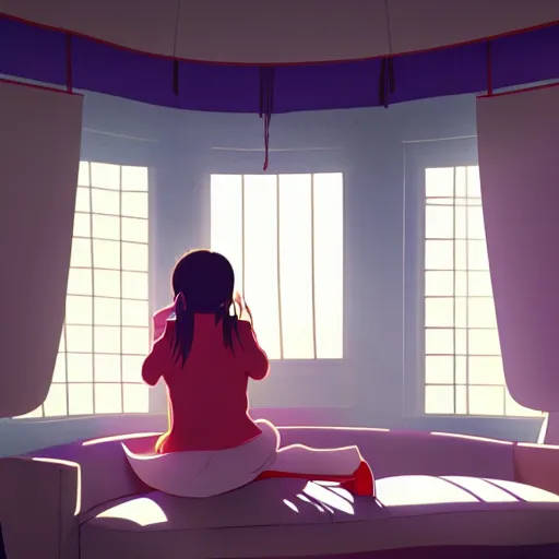 Image similar to girl sits on the sofa and listens to music, the sun shines through the window, highly detailed, 8 k, by kyoto animation