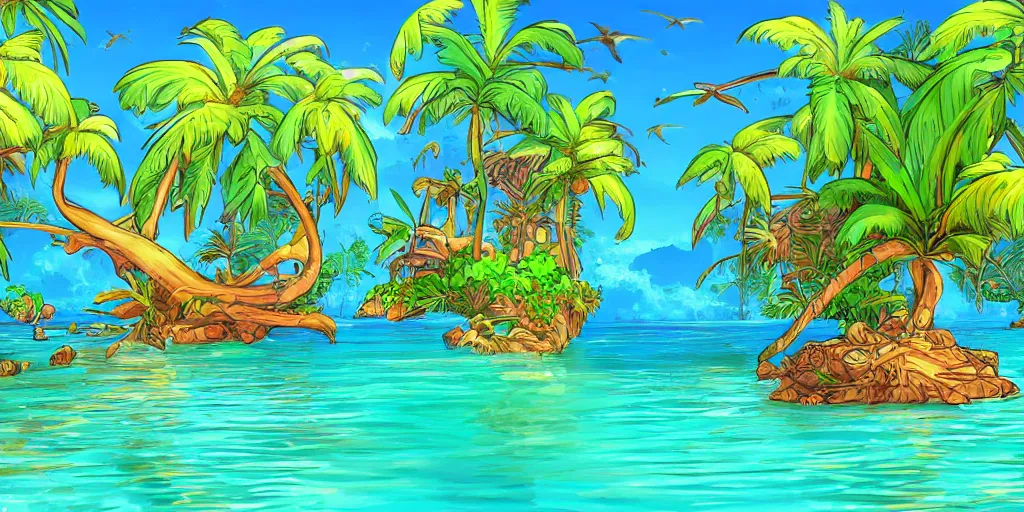 Image similar to tropical island, 8 k, high resolution, detailed drawing, beautiful hd, art nouveau, concept art, colourful, in the style of vadym meller