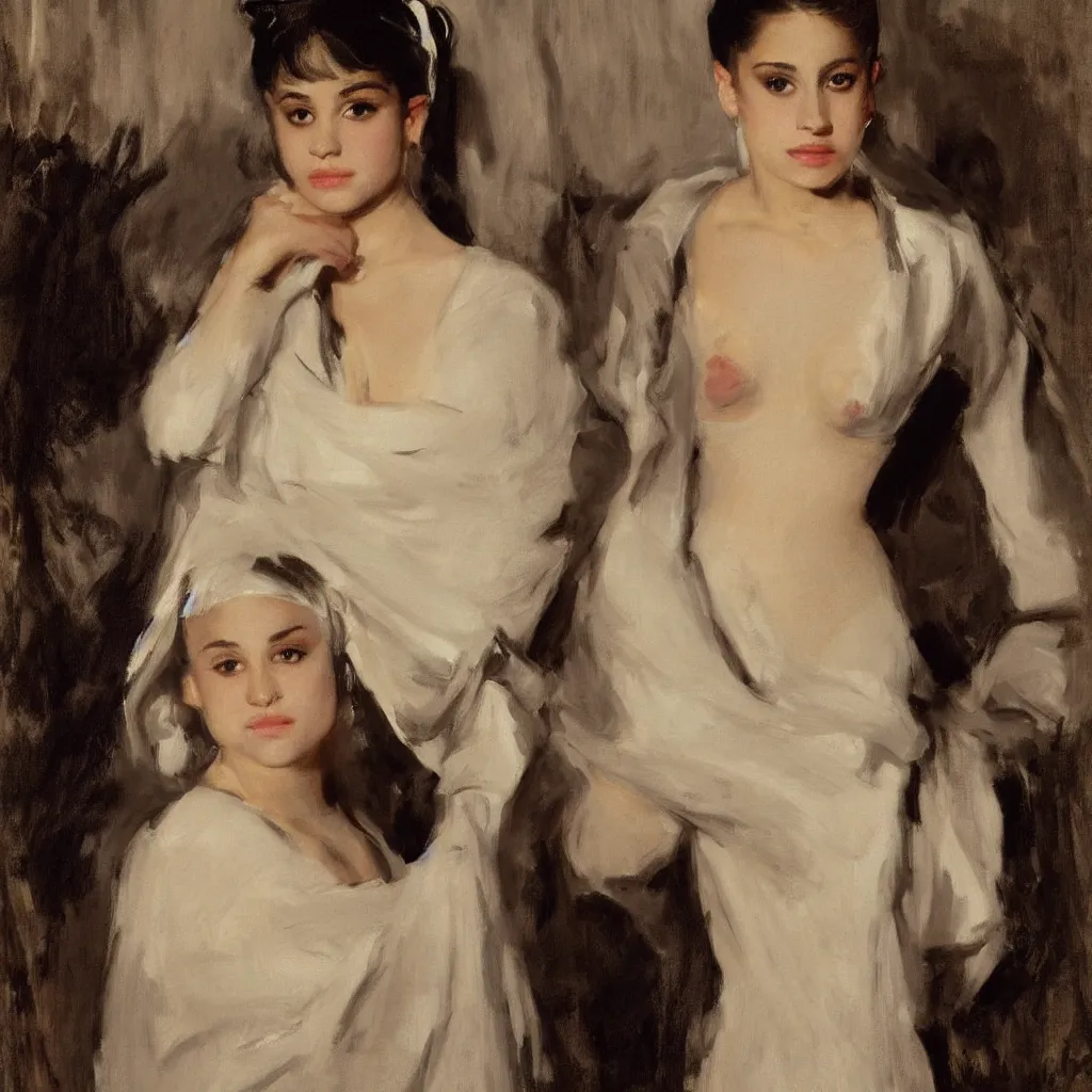 Image similar to portrait, sensual depiction of ariana grande in a toga, black eyes, by john singer sargent