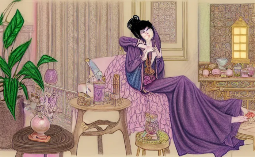Prompt: a pastel drawing of a woman wizard, ornate clothing, lounging on a purpur pillow on the marbled checkered floor in her study room reading an ancient tome. to the side is a potted plant, moody candlelit raytracing. ancient scifi fantasy setting. detailed face, sharp focus. by chie yoshii and charles vess