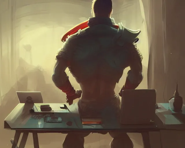 Image similar to an insanely detailed painting of a nerdy asian man wearing a superhero costume, sitting at a desk, staring at the nervously at the computer and typing, in the style of peter mohrbacher, dramatic lighting and composition, octane render, pixar, trending on artstation, concept art, comic book, view from behind