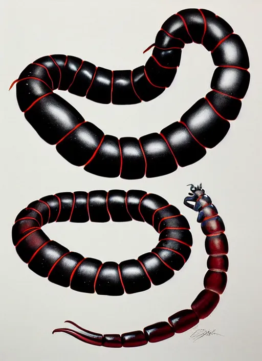 Image similar to beautiful matte airbrush portrait of a scolopendra on a white background, 8 0's airbrush aesthetic, art by pater sato
