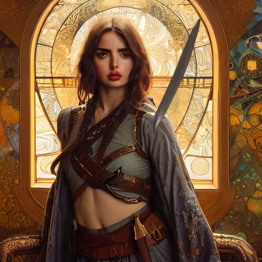 Image similar to ana de armas with sword and potions drawn by Donato Giancola and Tom Bagshaw, face by Artgerm, overall design by Alphonse Mucha, background by James Jean and Gustav Klimt, light by Julie Bell, 4k, porcelain skin, komorebi, french nouveau, trending on artstation, octane render, hyperrealistic