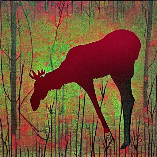 Image similar to sleepy red moose, psychedelic, hein edelmann,