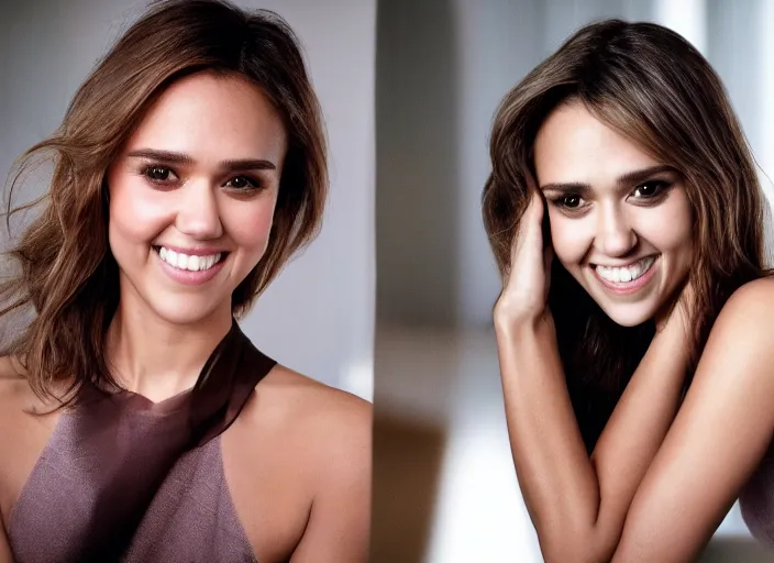 Image similar to a closeup, 4 5 mm, detailed photograph of a woman looking lovingly at camera with a seductive smile, half jessica alba half nathalie portman half scarlett johansson, beautiful low light, 4 5 mm, by franz lanting