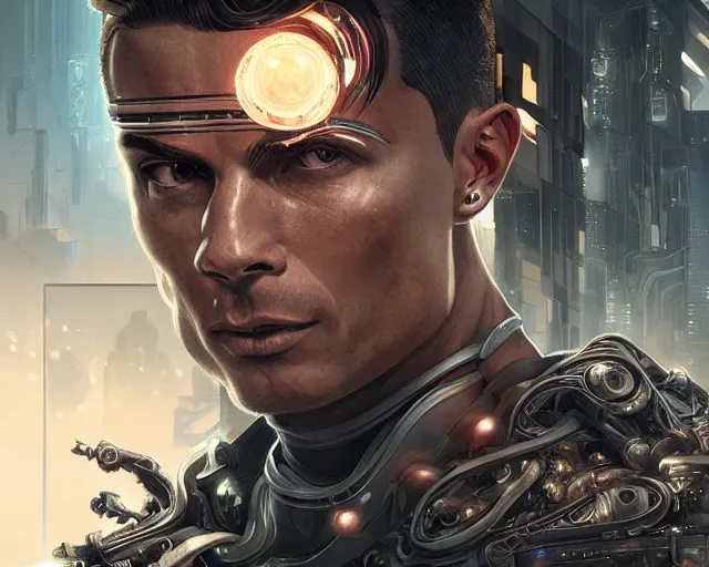 Image similar to man cristiano ronaldo with cyberpunk implants, deep focus, d & d, fantasy, intricate, elegant, highly detailed, digital painting, artstation, concept art, matte, sharp focus, illustration, hearthstone, art by artgerm and greg rutkowski and alphonse mucha