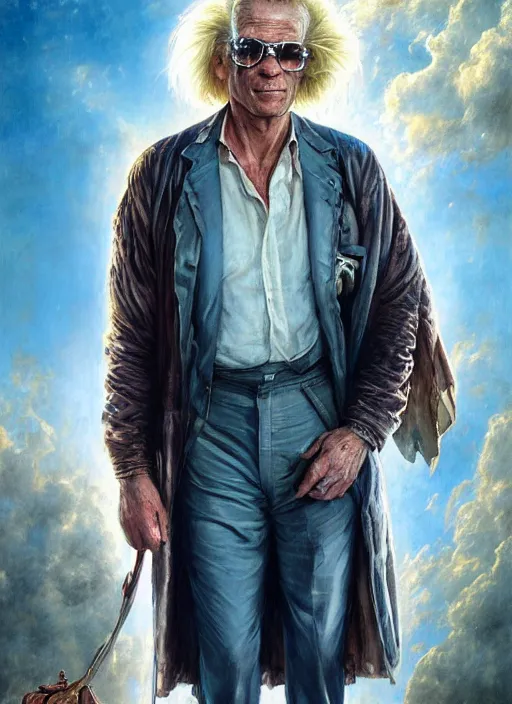 Prompt: formal portrait of charlton heston as doc brown wearing a lab coat and silver wraparound sunglasses. digital art by eugene de blaas, ross tran, and nasreddine dinet, vibrant color scheme, intricately detailed, in the style of romanticism, cinematic, artstation, greg rutkowski
