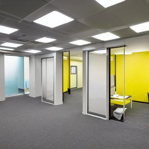 Image similar to the backrooms : an endless maze of randomly generated office rooms and other environments. it is characterized by the smell of moist carpet, walls with a monochromatic tone of yellow, and buzzing fluorescent lights