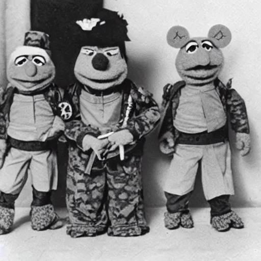 Prompt: old photo of muppets wearing japanese soldier gear