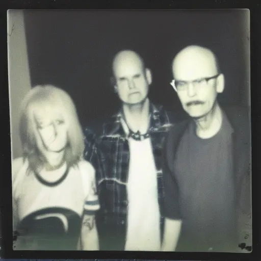 Image similar to a found polaroid photo of punk trash humpers in the backrooms