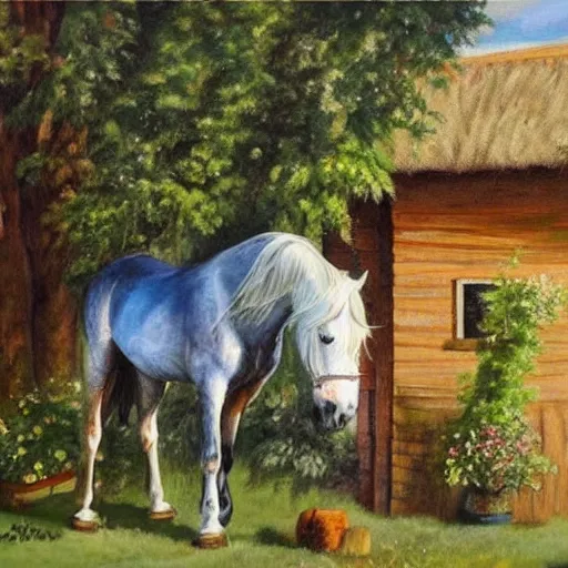 Prompt: A very beautiful painting of a horse next to a cottage