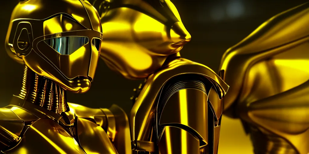 Image similar to film still of a mechanical angel with very reflective shiny golden chromium alloy in a marvel movie, science fiction industrial hard science concept art, 8K render octane high definition cgsociety, photorealistic, unreal engine 5