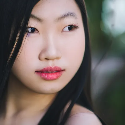 Prompt: Photo portrait of a young Asian woman , EOS-1D, f/1.4, ISO 200, 1/160s, 8K, RAW, unedited, symmetrical balance, in-frame