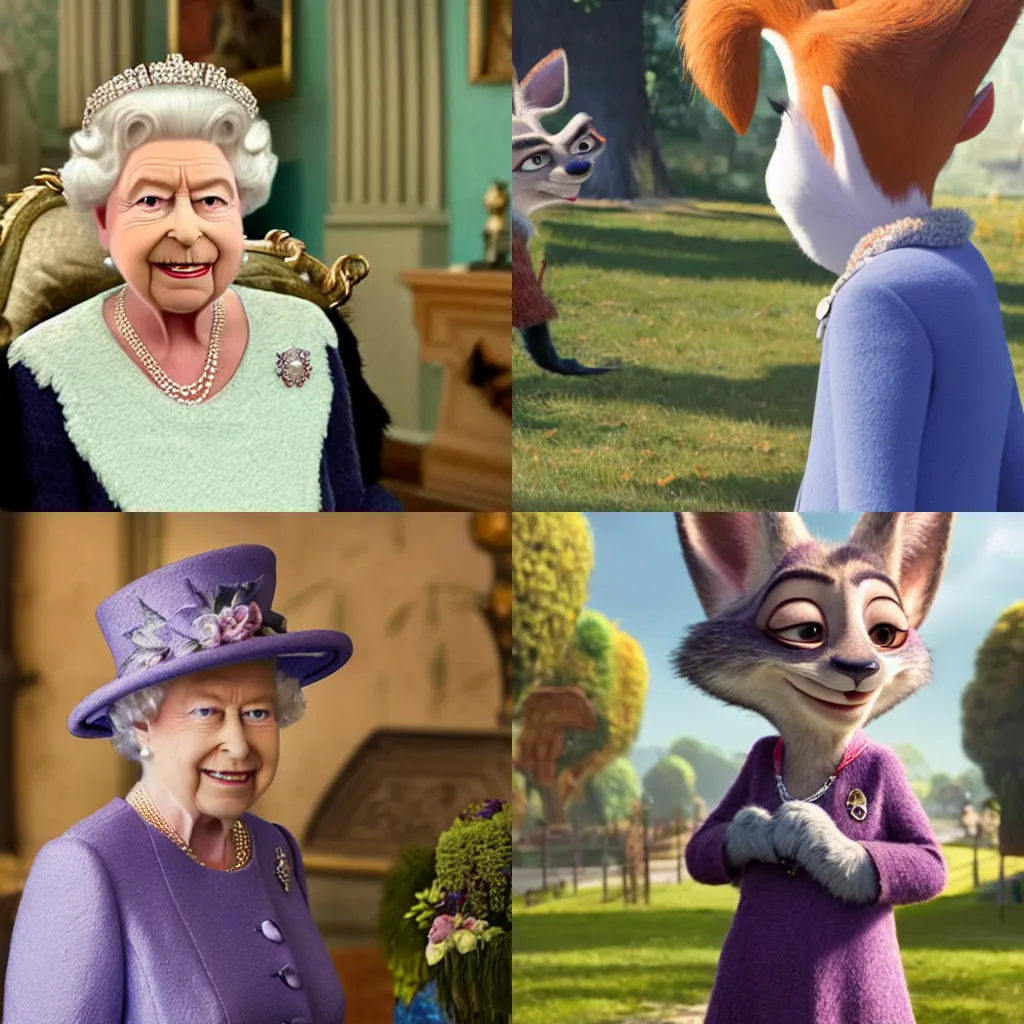 Prompt: still of queen elizabeth in zootopia (2016)