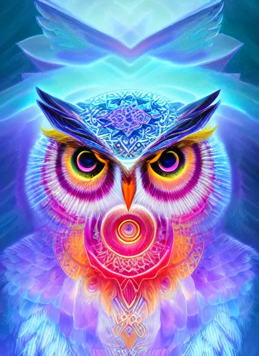 Image similar to symmetry!! product render poster vivid colors divine proportion owl, ice and snow, glowing fog intricate, elegant, highly detailed, digital painting, artstation, concept art, smooth, sharp focus, illustration,