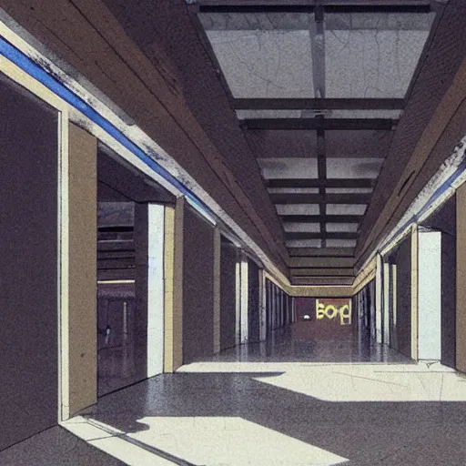 Image similar to concept art of an empty mall from the 1 9 8 0 s, by greg rutkowski