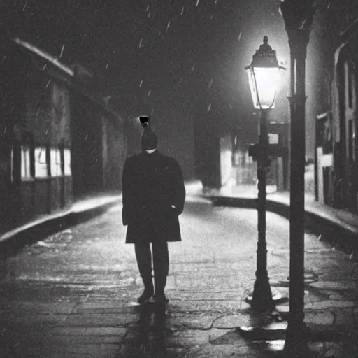 Image similar to 1900's photo of batman with frowning in deep alley street holding his emotion while walking slowly towards a street lamp, rain and smokes while the moon shines on his back, blurry, candid