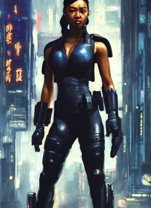 Image similar to black chun li wins. cyberpunk police trooper in a military vest ( blade runner 2 0 4 9, cyberpunk 2 0 7 7 ). orientalist portrait by john william waterhouse and james gurney and theodore ralli and nasreddine dinet, oil on canvas. cinematic, hyper realism, realistic proportions, dramatic lighting, high detail 4 k