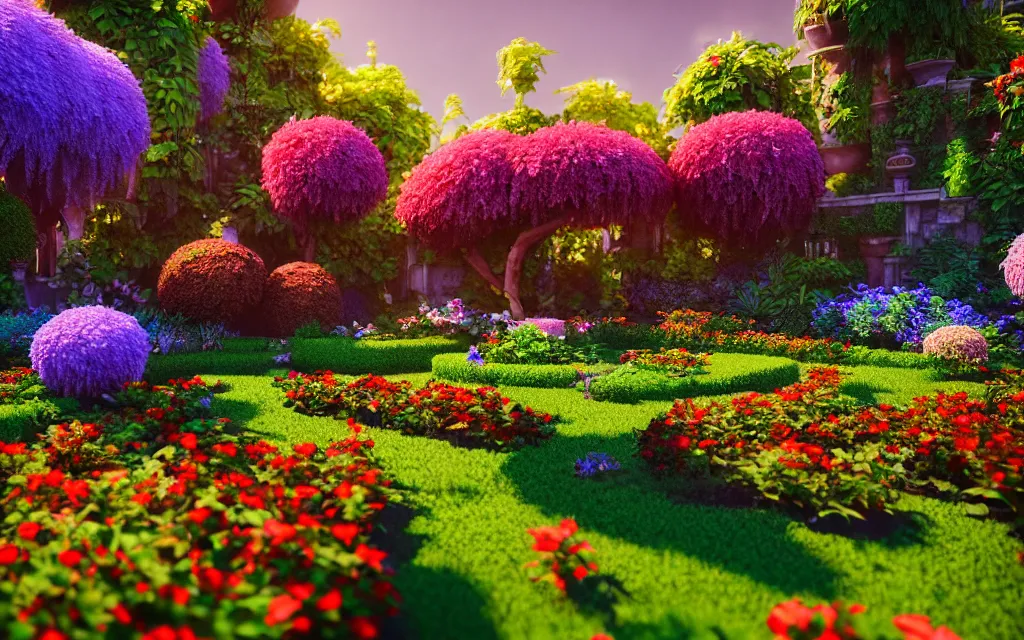 Image similar to a sprawling garden with many flowers and vines, sunny day, beautiful lighting, vivid colors!, highly detailed, cinematic, octane render, 4 k, trending on artstation, deviantart featured